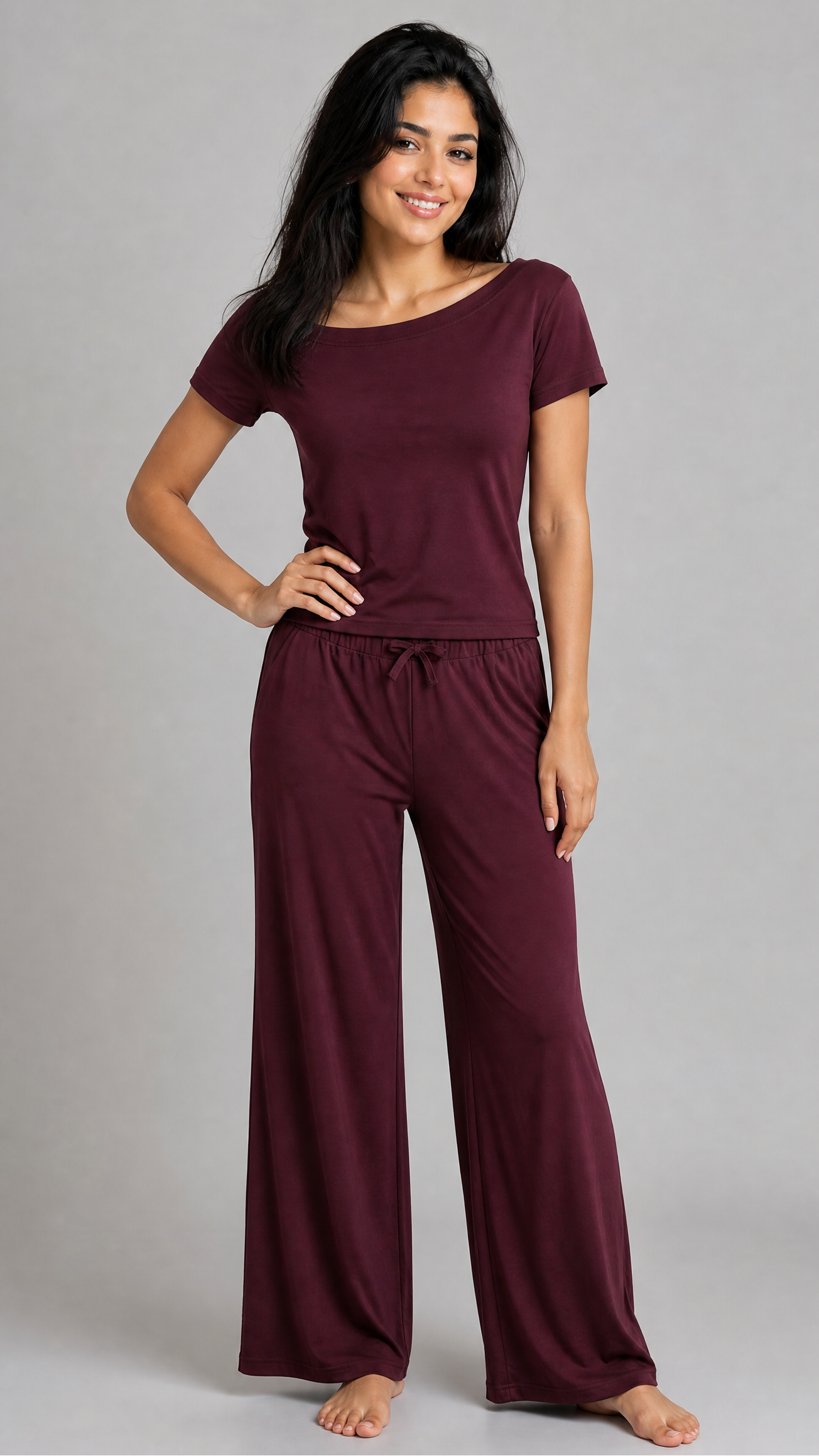 Burgundy Off-Shoulder Pajama Set