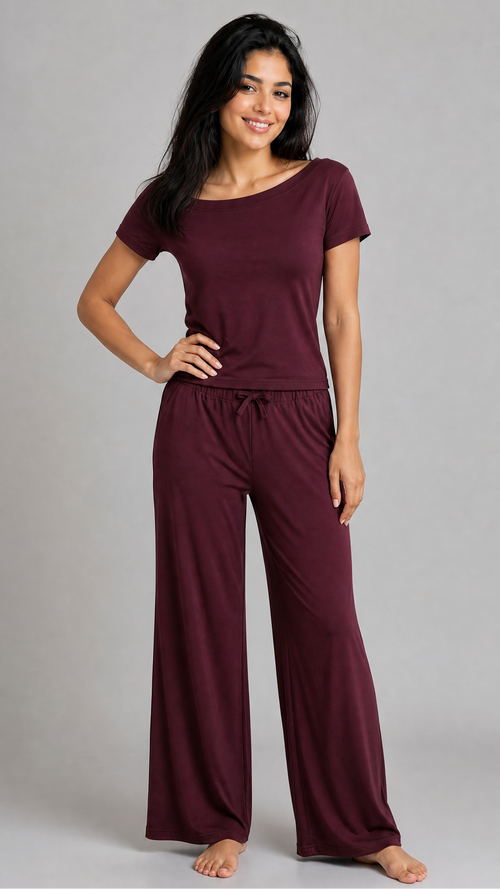 Burgundy Off-Shoulder Pajama Set