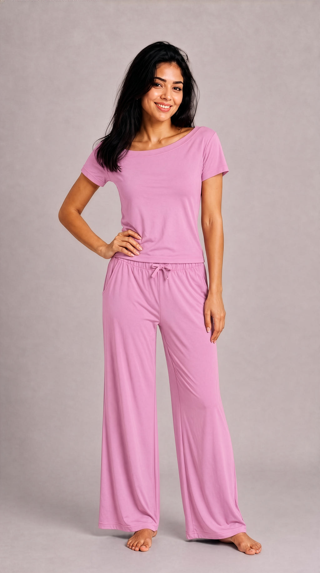Pink Off-Shoulder Pajama Set