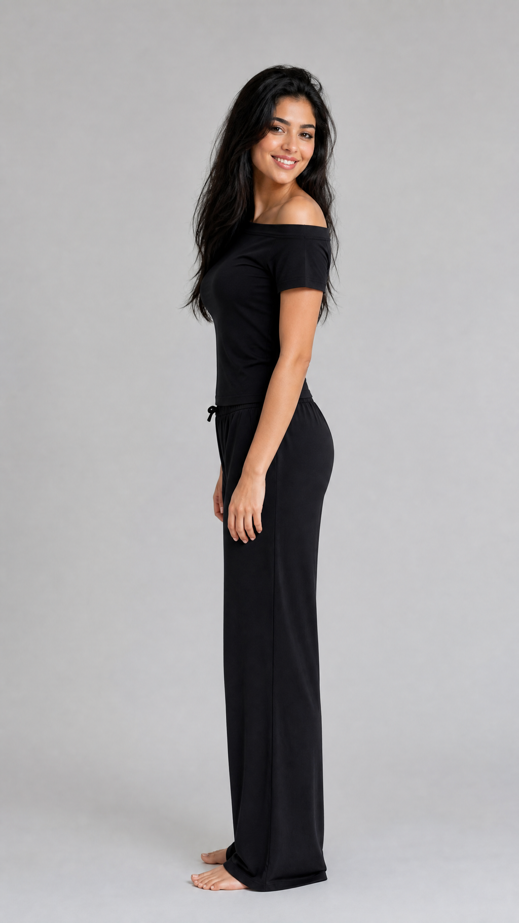 Black Off-Shoulder Pajama Set