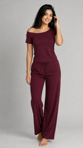 Burgundy Off-Shoulder Pajama Set