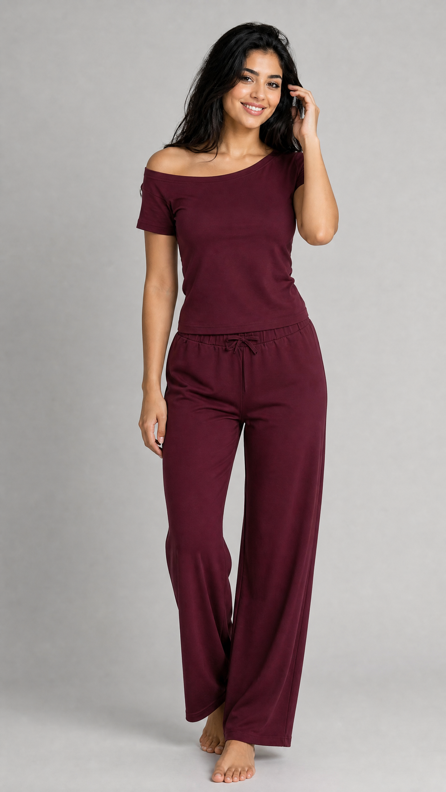 Burgundy Off-Shoulder Pajama Set