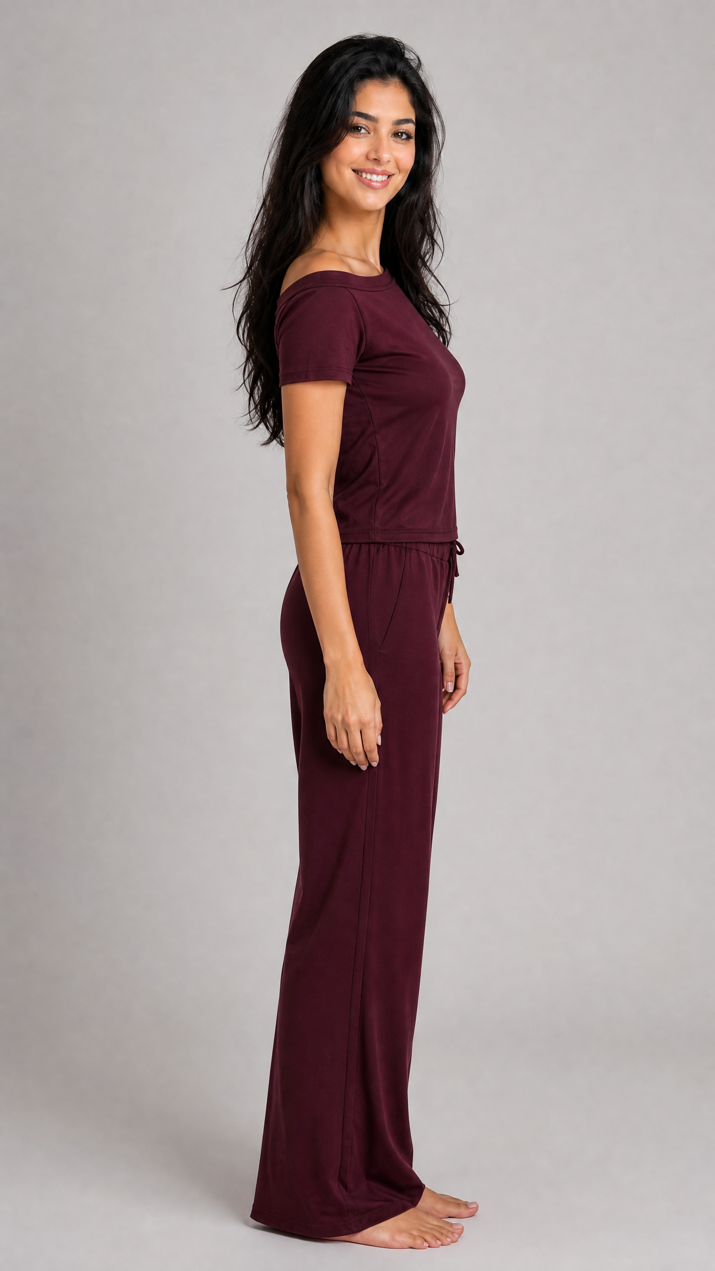 Burgundy Off-Shoulder Pajama Set
