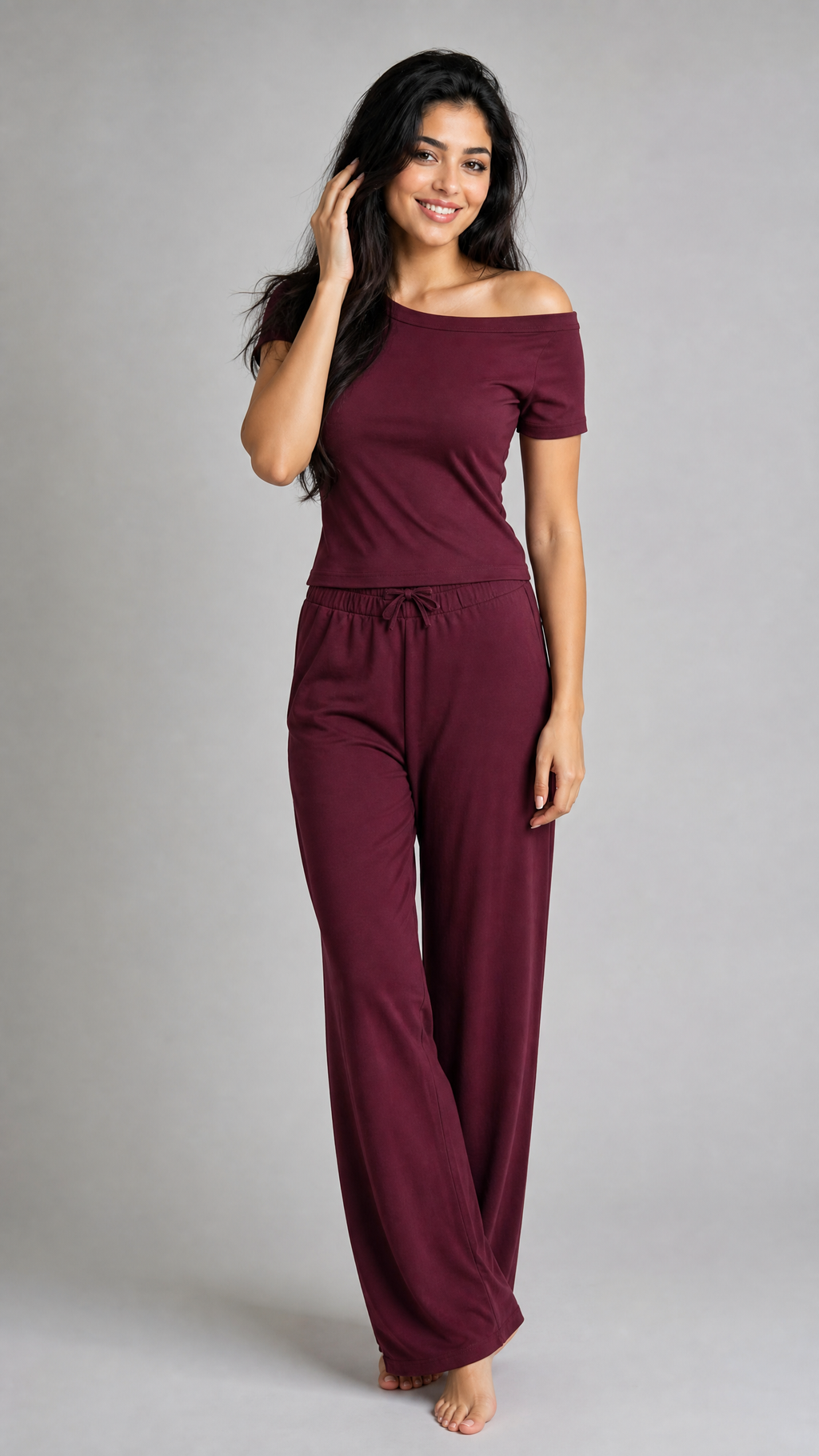 Burgundy Off-Shoulder Pajama Set